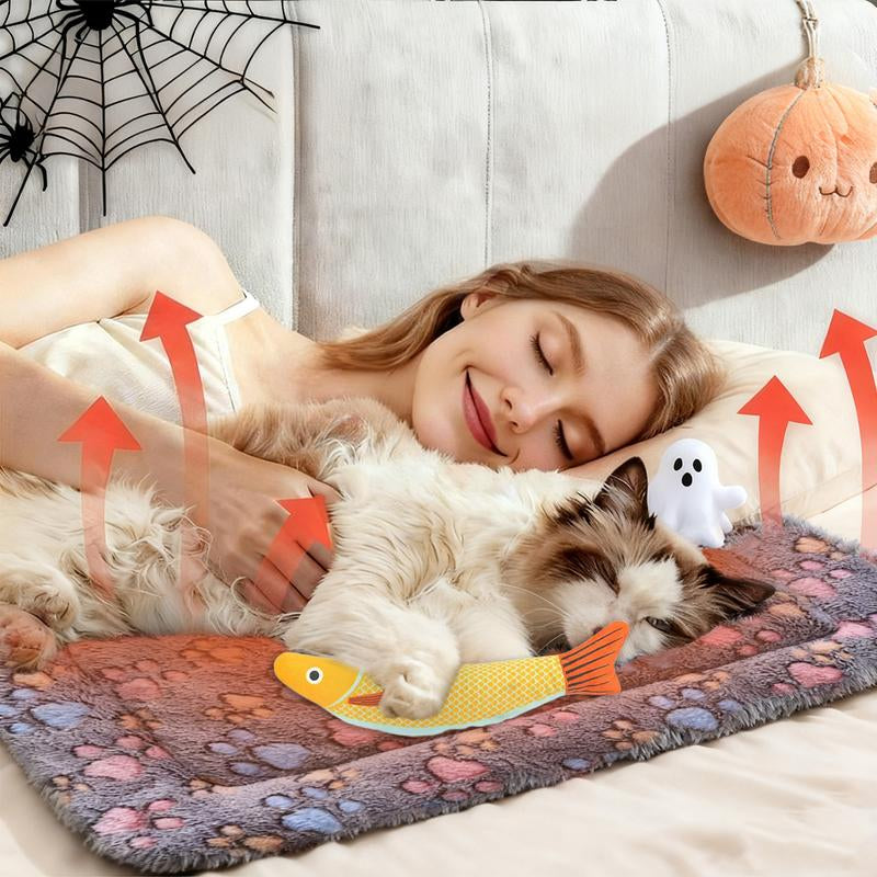 Self Warming Pet Bed, Rock the Fish to Sleep ，Small Self Heating Pet Crate Pad,Warm Fleece Pet Sleeping Mat， Thermal Extra Warm Mat Indoor & Outdoor, Double-Sided Warmth & Washable Self Warming Bed